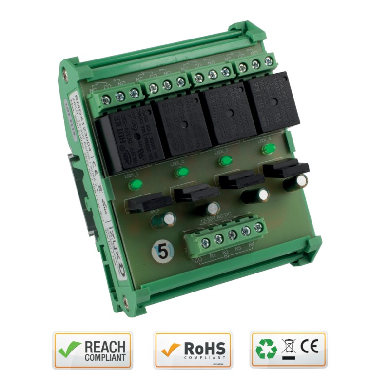 MODULE RELAIS DIN 12VAC/DC 4 REL MAX 250VAC 10A 30VDC 10A