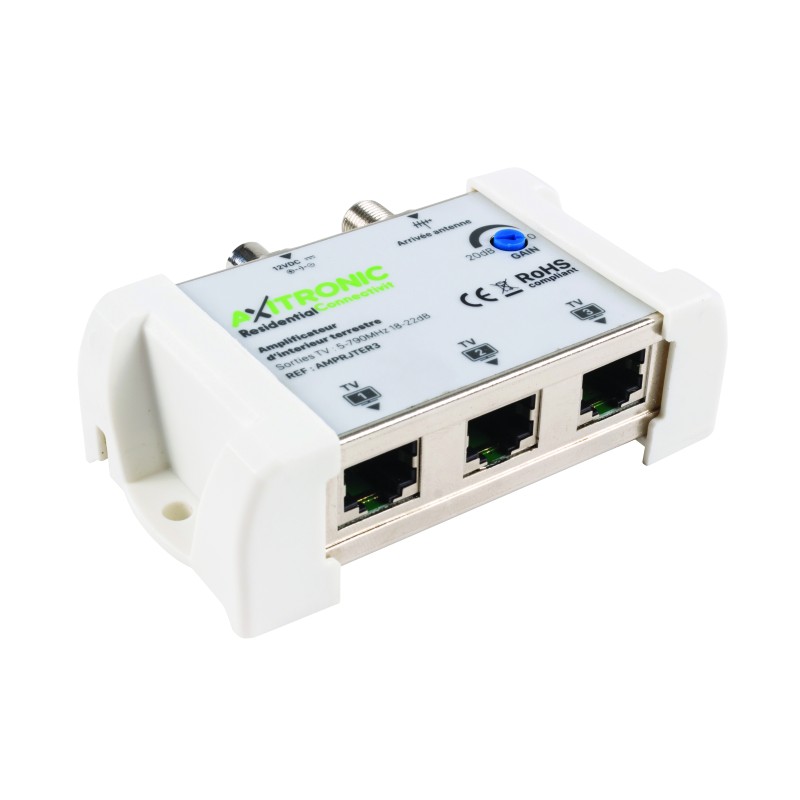 AMPLI REPARTITEUR 20DB TERRESTRE 1E/F 3S/RJ45 COFFRET COM.