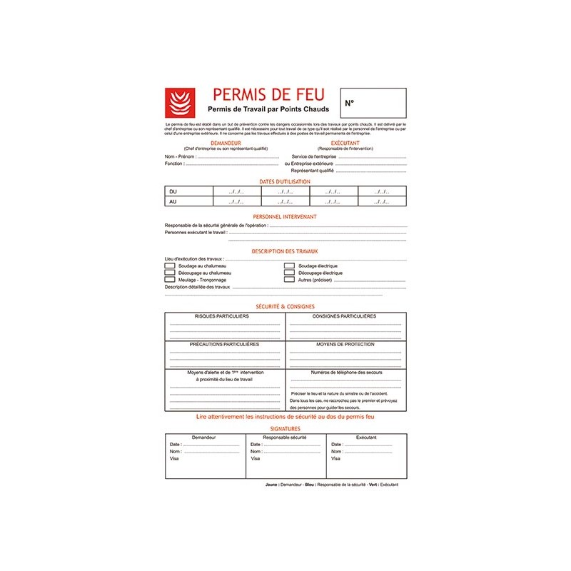 PERMIS DE FEU (LIASSE DE 50 FORMULAIRES EN 3 EXEMPLAIRES)