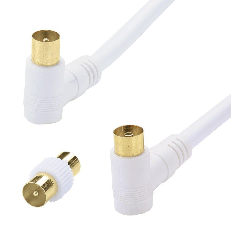 Cordon TV 9.52 mm M/F coudé à 90° + adaptateur TV 9.52 mm M/M - OR - 3m