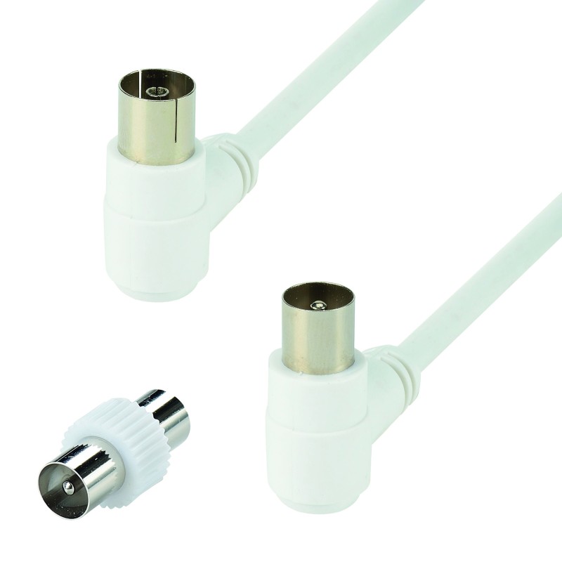 Cordon TV - 5m - 9.52 mm M/F coudé à 90° + adaptateur TV 9.52 mm M/M - nickel