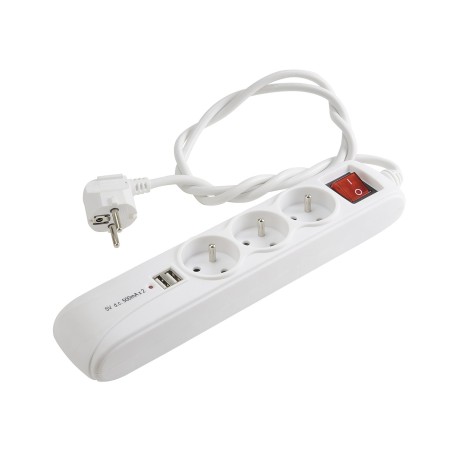 Bloc multiprises 1m - fiche (2 P+T) M / prises (2 P+T) F + 2 x USB A M - blanc