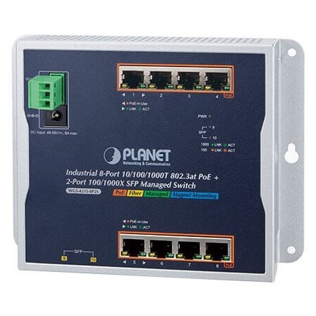Switch mural L2 8 ports Giga PoE at 200W 2xSFP Rail DIN