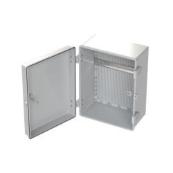 Coffret étanche IP66 ABS Dim 400×300×200 mm grille de fond verrouillage rail DIN